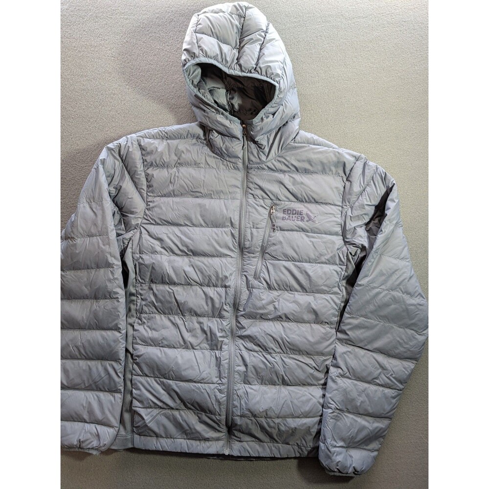 Eddie Bauer Jacket Mens Medium Gray Hooded Down 550 Puffer Full Zip Outdoor